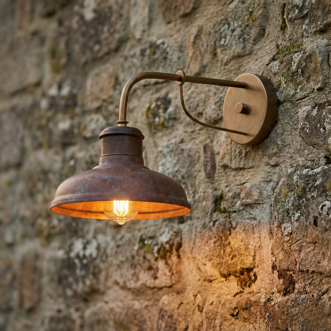 Antique copper wall lamp with aged finish, bell-shaped shade, perfect for indoor/outdoor use, E27 lighting option.