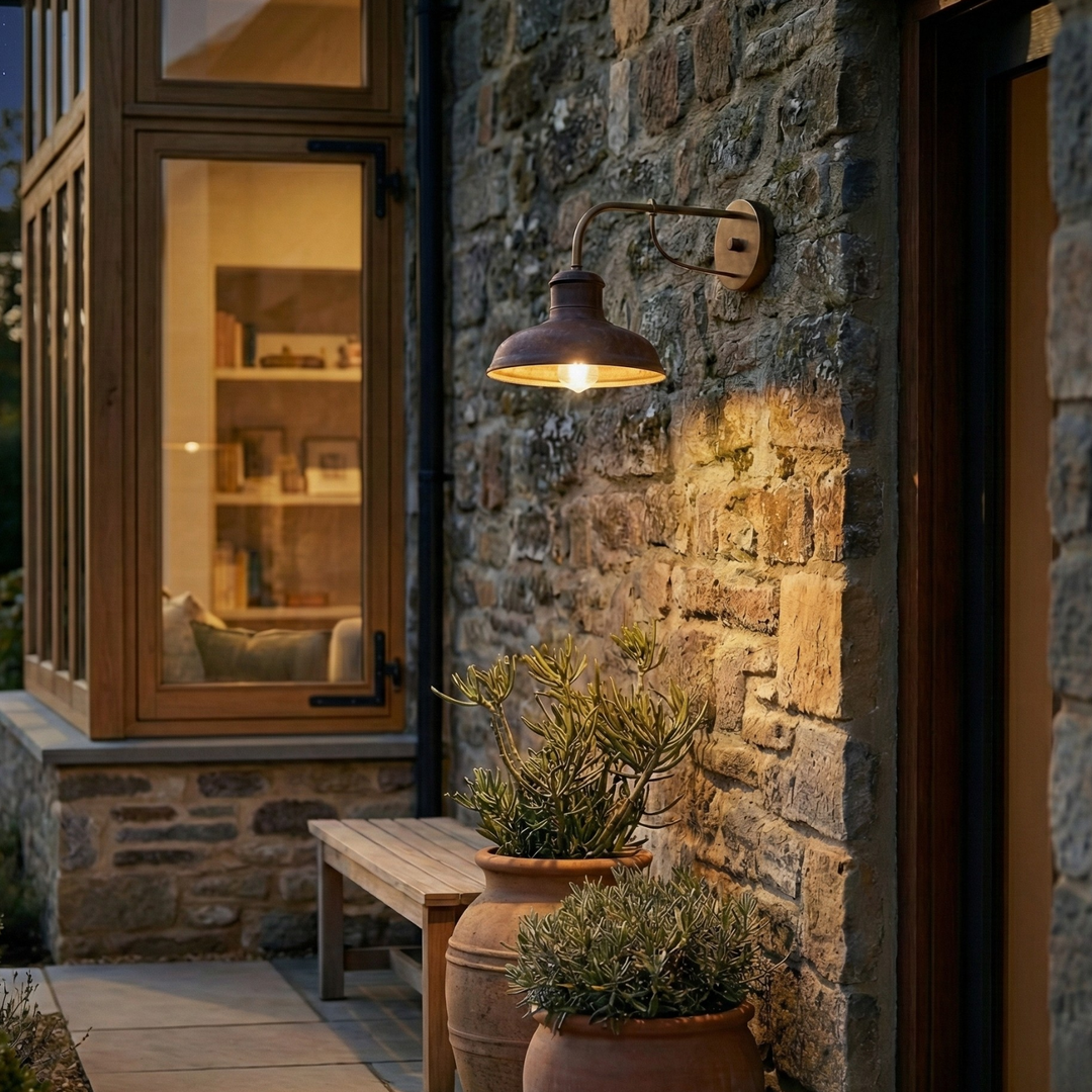 Antique copper wall lamp with aged finish, bell-shaped shade, perfect for indoor/outdoor use, E27 lighting option.