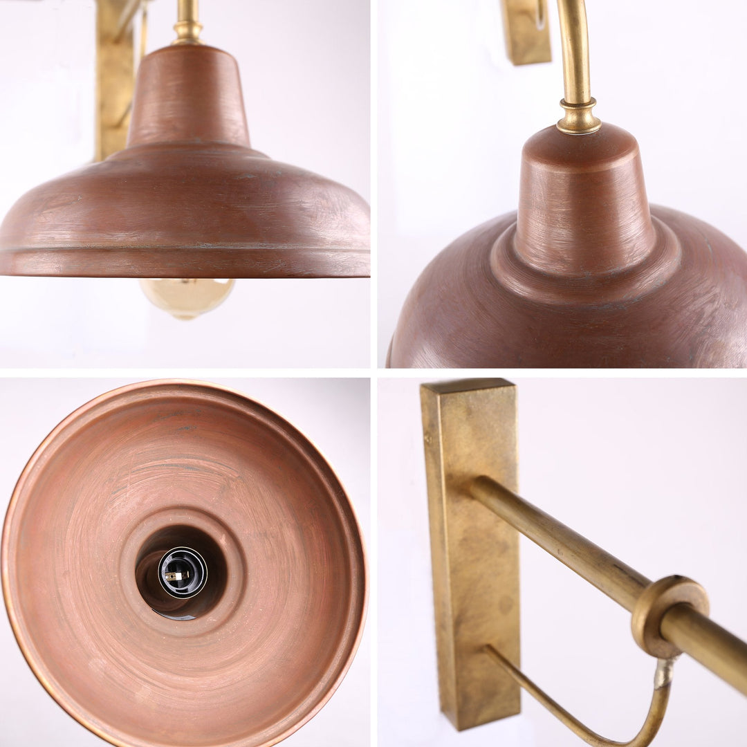 Antique copper wall lamp with aged finish, bell-shaped shade, perfect for indoor/outdoor use, E27 lighting option.