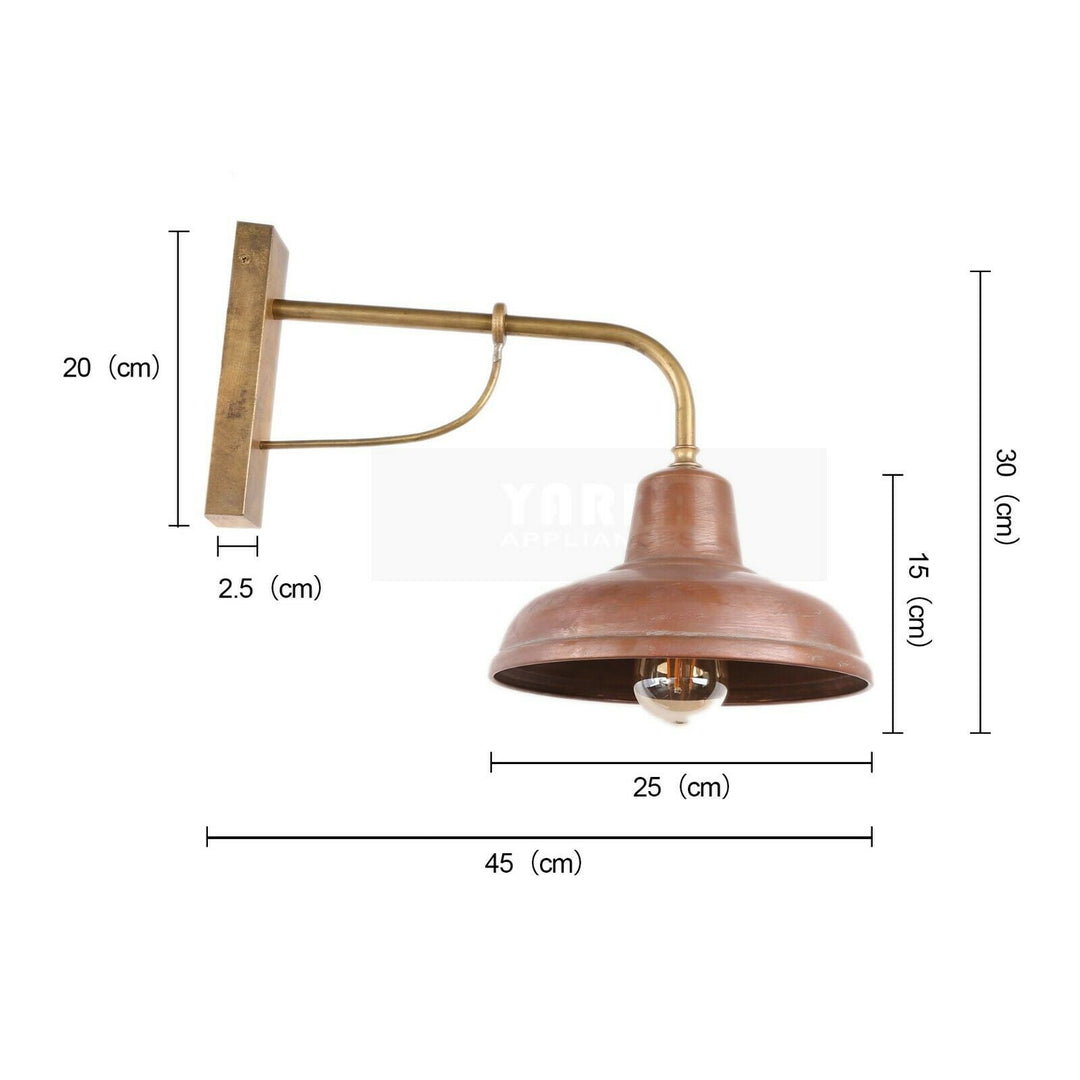 Antique copper wall lamp with aged finish, bell-shaped shade, perfect for indoor/outdoor use, E27 lighting option.