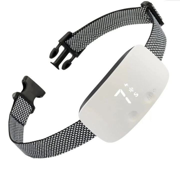 "Automatic anti-bark dog collar, sleek design, rechargeable, waterproof, adjustable nylon strap, durable for all dog sizes."