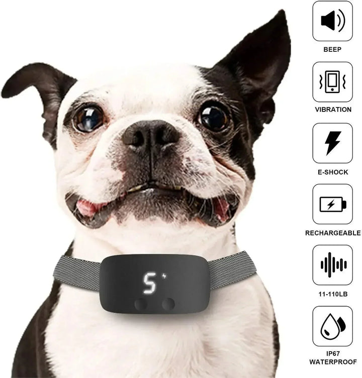 "Automatic anti-bark dog collar, sleek design, rechargeable, waterproof, adjustable nylon strap, durable for all dog sizes."