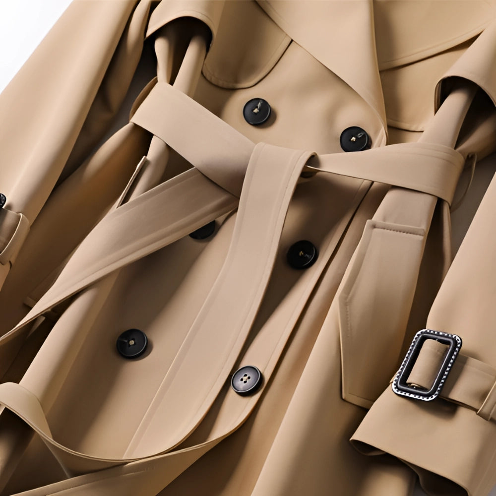 "Beige double-breasted women's trench coat with tailored fit, adjustable belt, classic design, and versatile style."