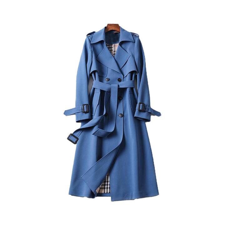 "Beige double-breasted women's trench coat with tailored fit, adjustable belt, classic design, and versatile style."