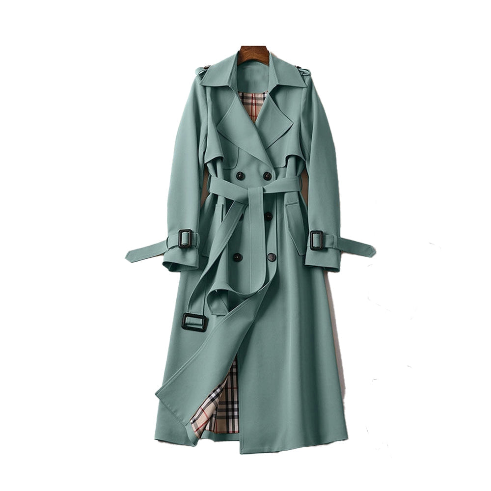 "Beige double-breasted women's trench coat with tailored fit, adjustable belt, classic design, and versatile style."