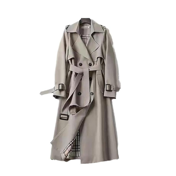 "Beige double-breasted women's trench coat with tailored fit, adjustable belt, classic design, and versatile style."
