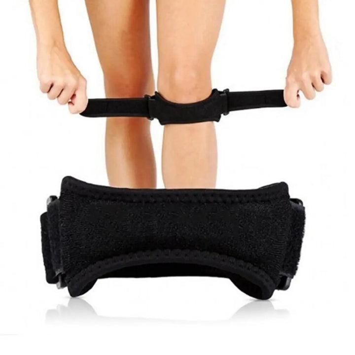 "Black adjustable patella knee strap for pain relief, providing targeted compression and support for athletes and fitness ent
