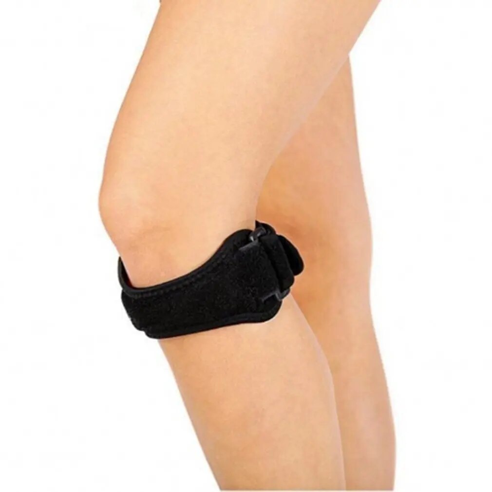"Black adjustable patella knee strap for pain relief, providing targeted compression and support for athletes and fitness ent