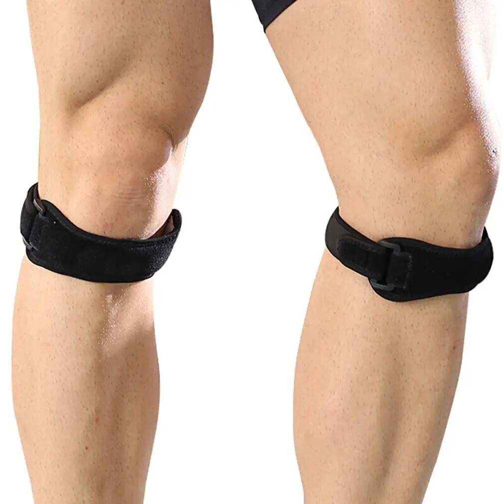 "Black adjustable patella knee strap for pain relief, providing targeted compression and support for athletes and fitness ent