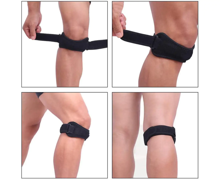 "Black adjustable patella knee strap for pain relief, providing targeted compression and support for athletes and fitness ent