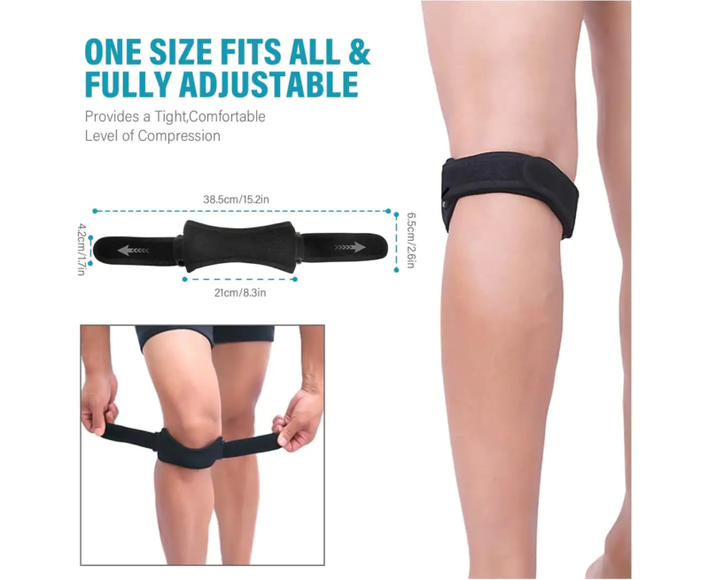"Black adjustable patella knee strap for pain relief, providing targeted compression and support for athletes and fitness ent
