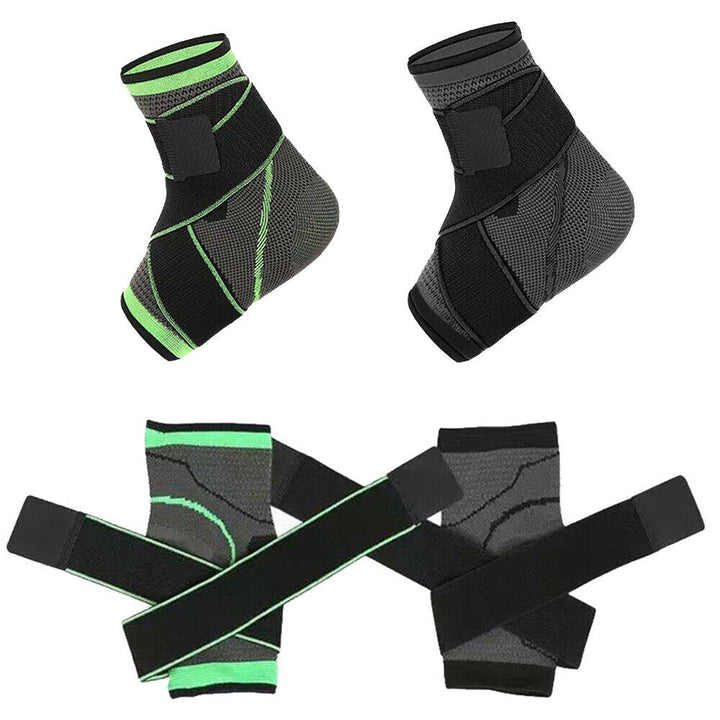 "Black and green unisex compression ankle sleeve, showcasing snug fit for pain relief and enhanced ankle support."