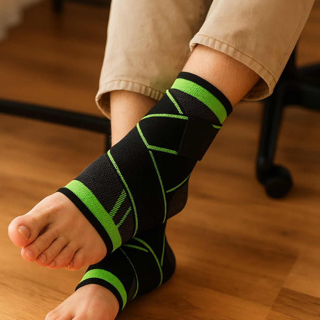 "Black and green unisex compression ankle sleeve, showcasing snug fit for pain relief and enhanced ankle support."