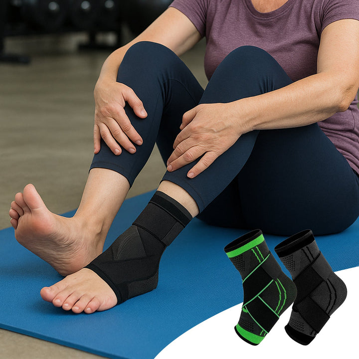 "Black and green unisex compression ankle sleeve, showcasing snug fit for pain relief and enhanced ankle support."
