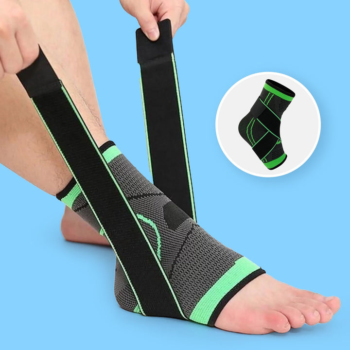 "Black and green unisex compression ankle sleeve, showcasing snug fit for pain relief and enhanced ankle support."