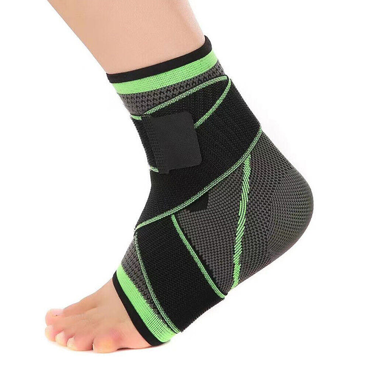 "Black and green unisex compression ankle sleeve, showcasing snug fit for pain relief and enhanced ankle support."