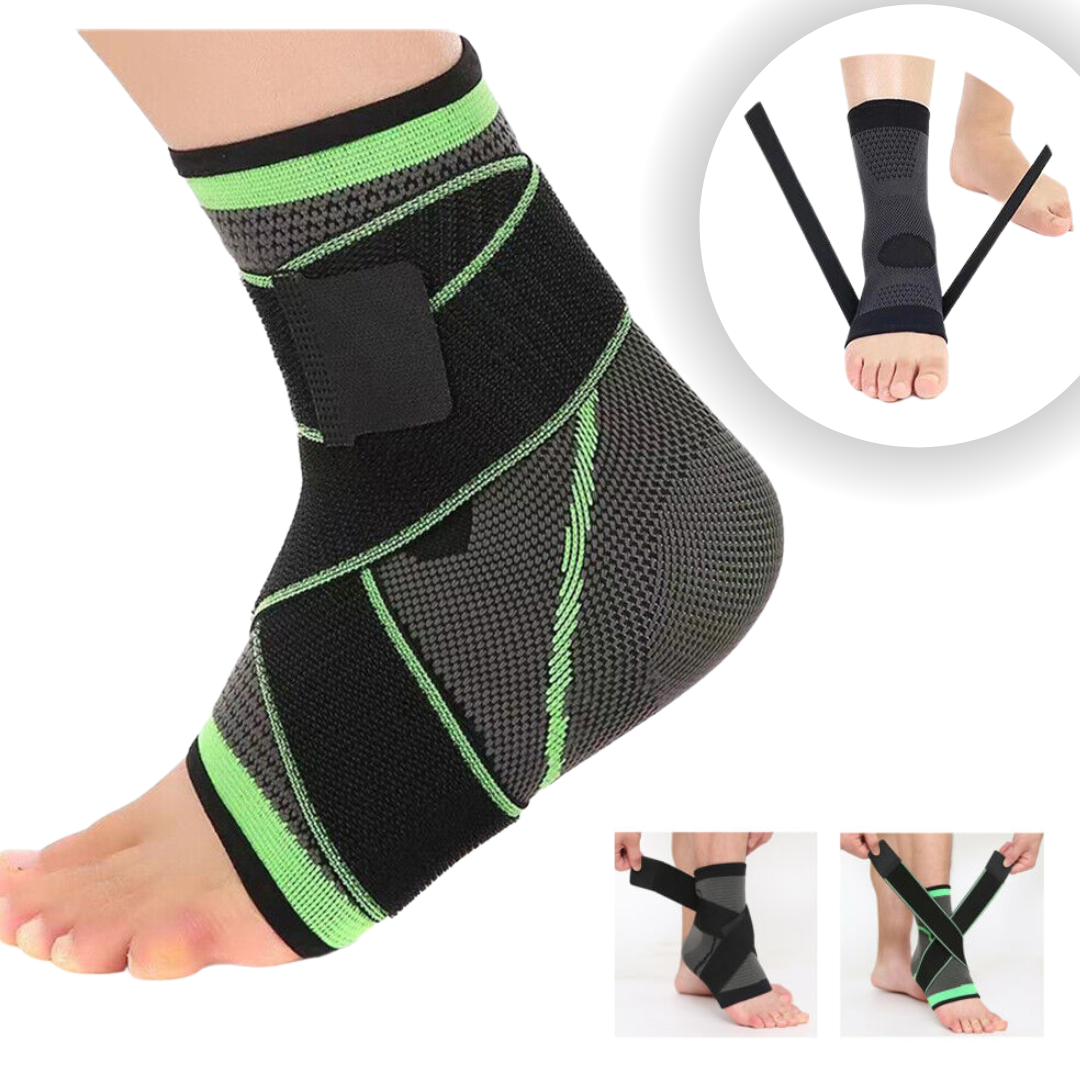 "Black and green unisex compression ankle sleeve, showcasing snug fit for pain relief and enhanced ankle support."