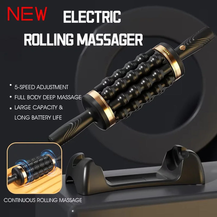 "Black deep tissue percussive massager with sleek design, portable for wellness, offering tension relief and muscle recovery.