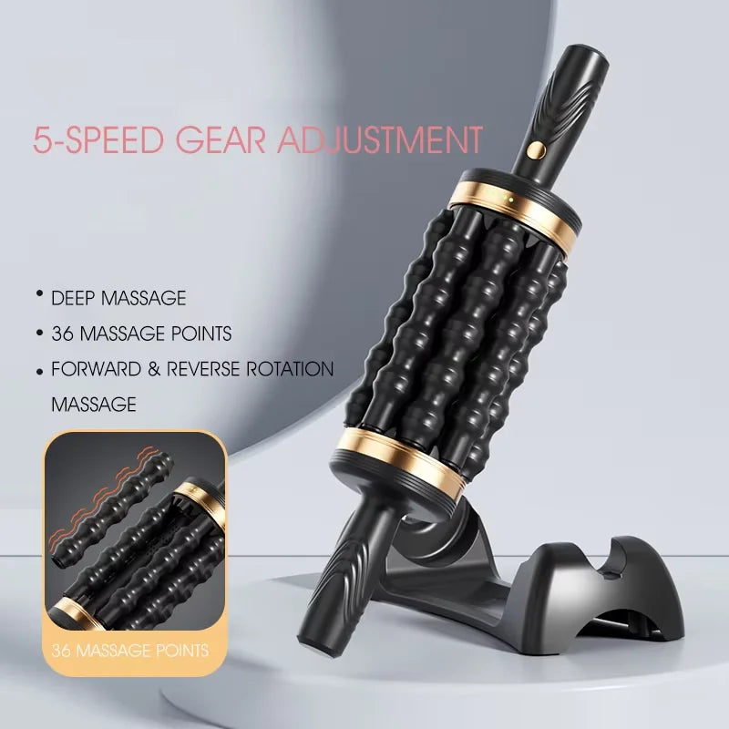 "Black deep tissue percussive massager with sleek design, portable for wellness, offering tension relief and muscle recovery.