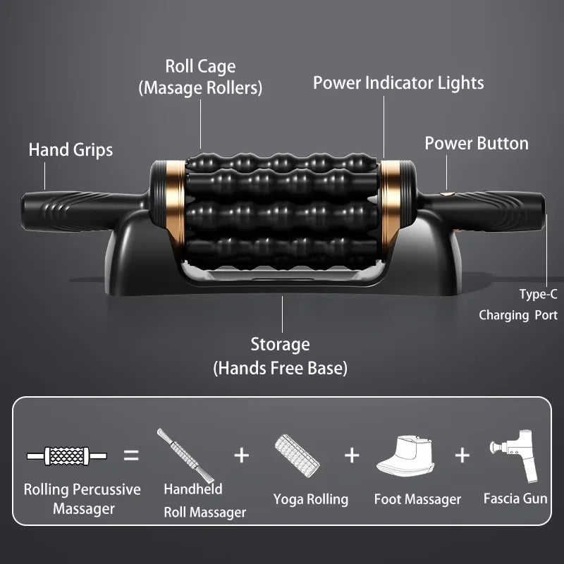 "Black deep tissue percussive massager with sleek design, portable for wellness, offering tension relief and muscle recovery.