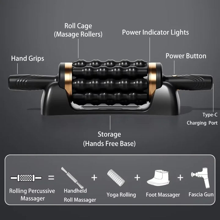 "Black deep tissue percussive massager with sleek design, portable for wellness, offering tension relief and muscle recovery.