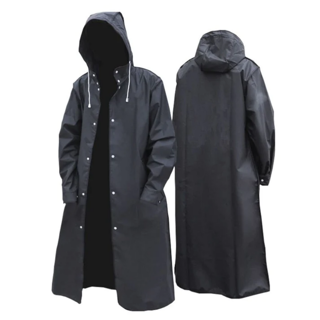 Black long waterproof men's rain jacket with hood, stylish and functional, for versatile wear in any weather.