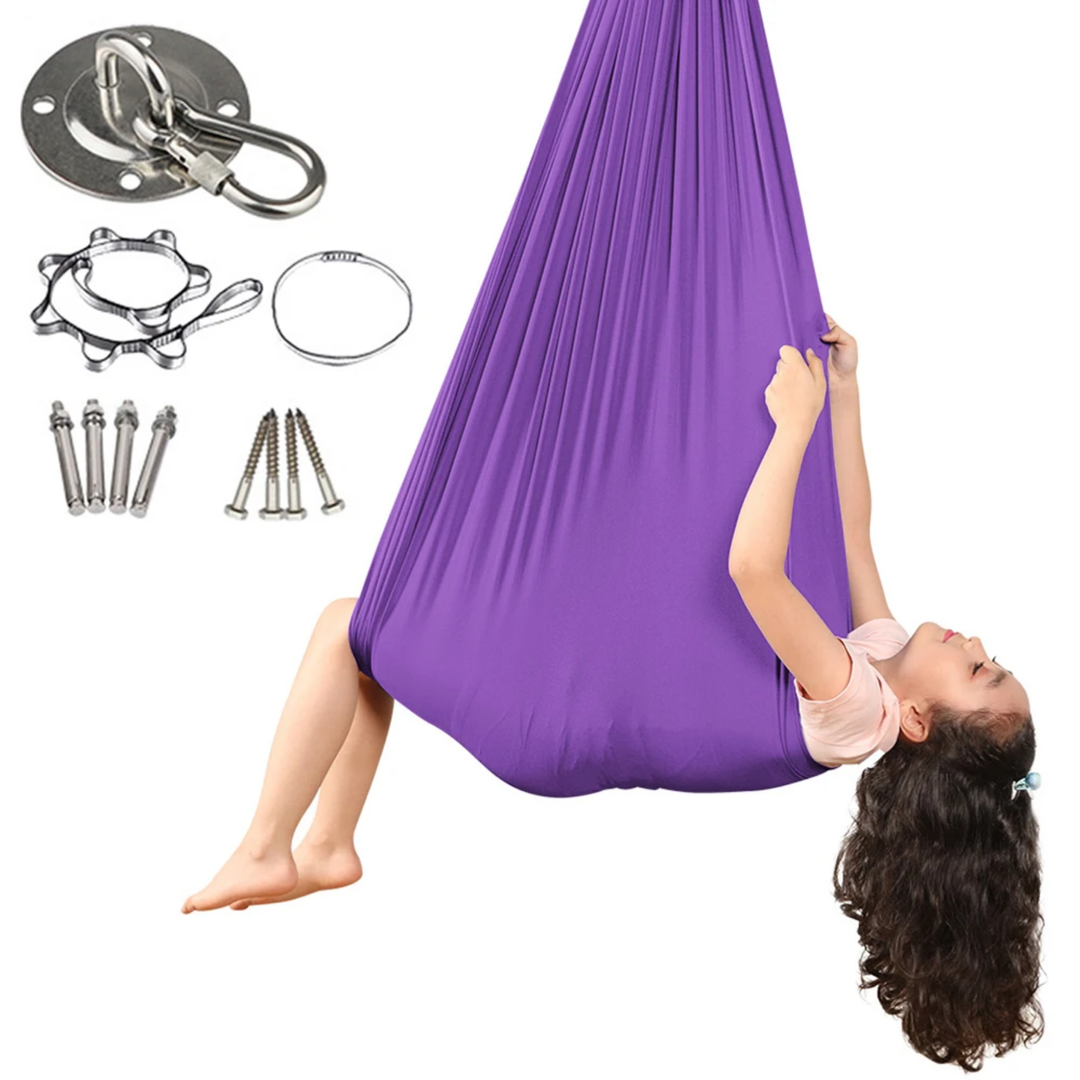 "Calming therapeutic swing for kids with ADHD or autism, shown in soft, stretchy fabric with calming colors."