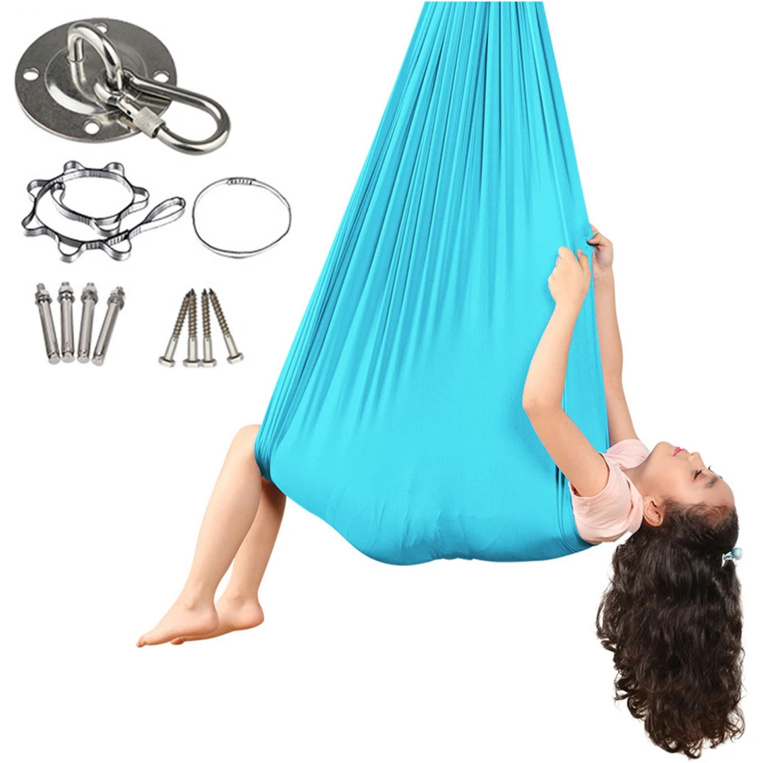 "Calming therapeutic swing for kids with ADHD or autism, shown in soft, stretchy fabric with calming colors."
