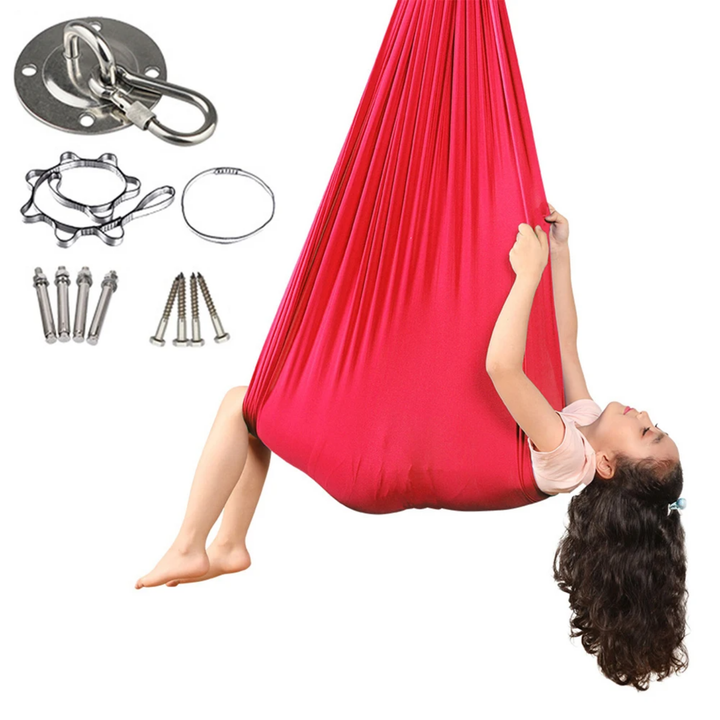 "Calming therapeutic swing for kids with ADHD or autism, shown in soft, stretchy fabric with calming colors."