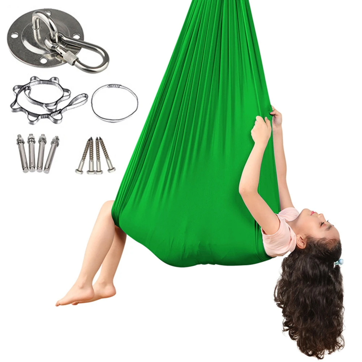 "Calming therapeutic swing for kids with ADHD or autism, shown in soft, stretchy fabric with calming colors."
