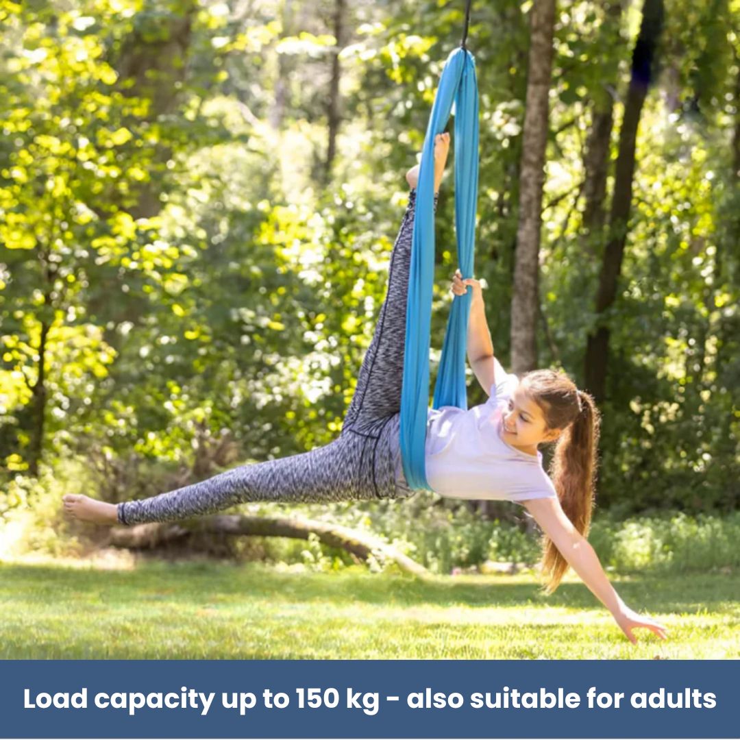 "Calming therapeutic swing for kids with ADHD or autism, shown in soft, stretchy fabric with calming colors."