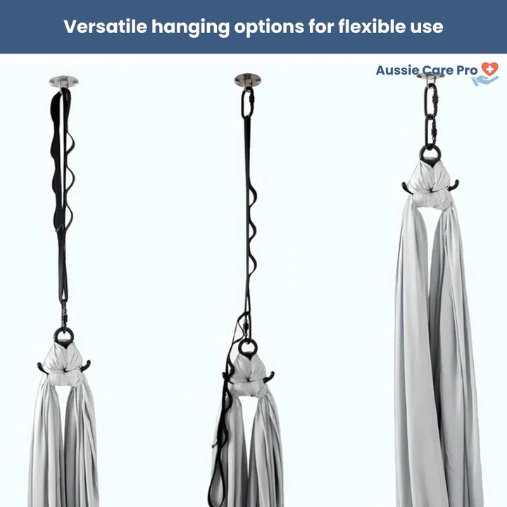 "Calming therapeutic swing for kids with ADHD or autism, shown in soft, stretchy fabric with calming colors."