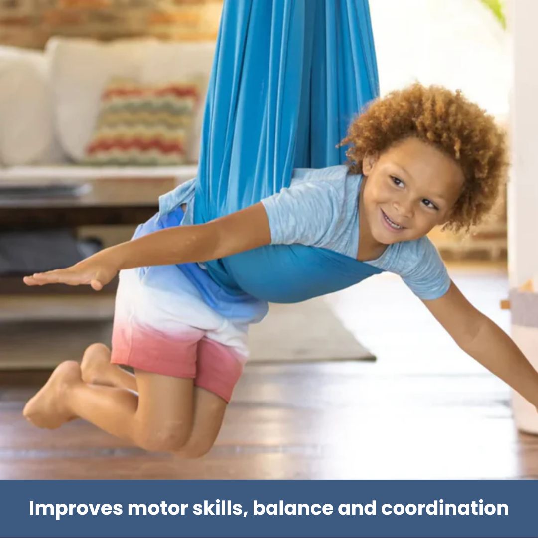 "Calming therapeutic swing for kids with ADHD or autism, shown in soft, stretchy fabric with calming colors."