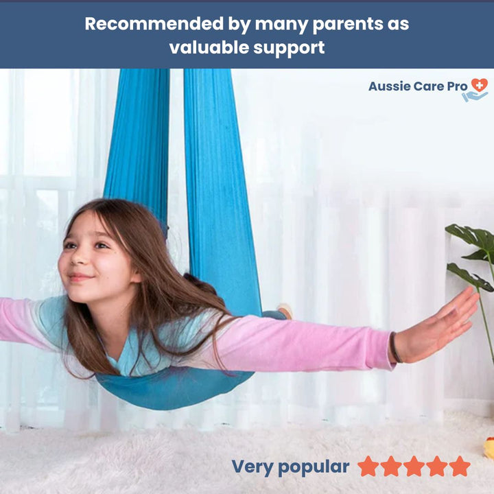 "Calming therapeutic swing for kids with ADHD or autism, shown in soft, stretchy fabric with calming colors."