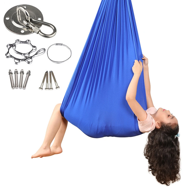 "Calming therapeutic swing for kids with ADHD or autism, shown in soft, stretchy fabric with calming colors."