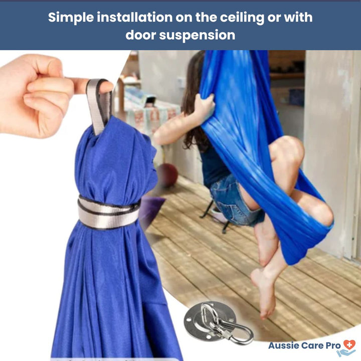 "Calming therapeutic swing for kids with ADHD or autism, shown in soft, stretchy fabric with calming colors."