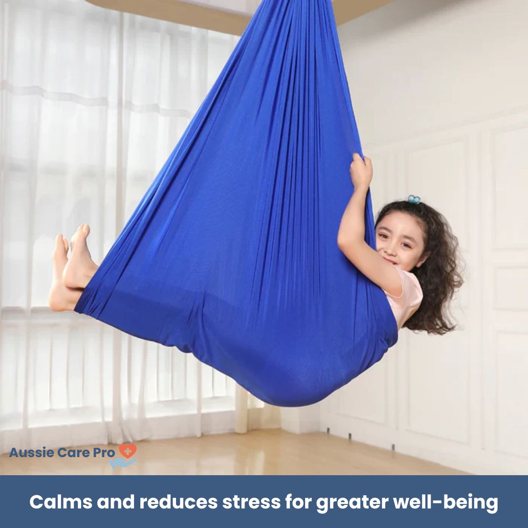 "Calming therapeutic swing for kids with ADHD or autism, shown in soft, stretchy fabric with calming colors."