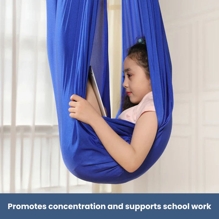 "Calming therapeutic swing for kids with ADHD or autism, shown in soft, stretchy fabric with calming colors."