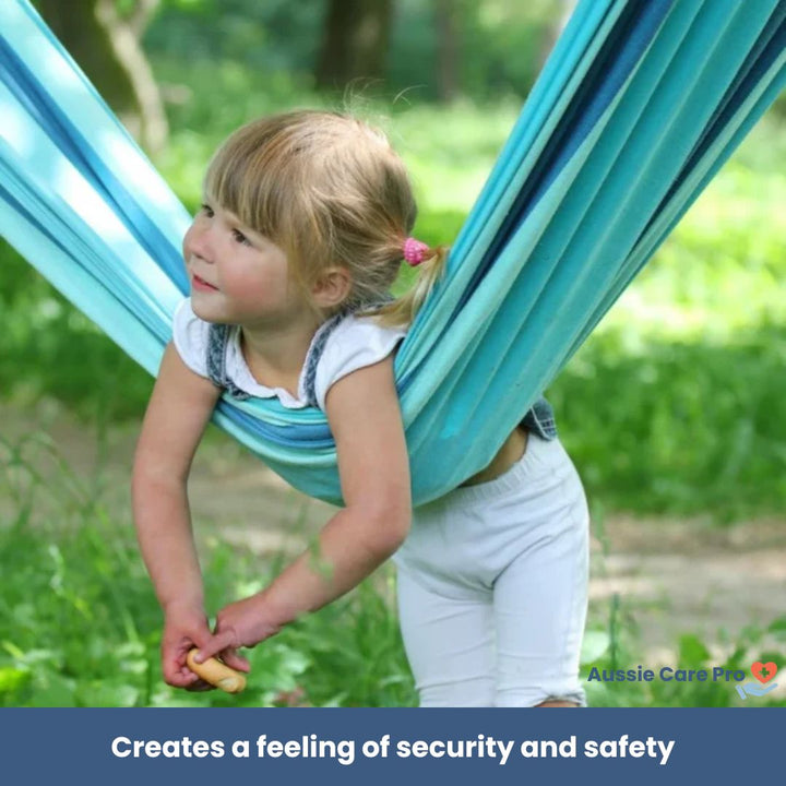 "Calming therapeutic swing for kids with ADHD or autism, shown in soft, stretchy fabric with calming colors."