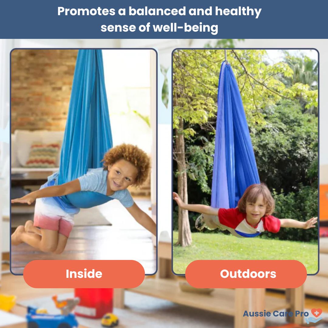"Calming therapeutic swing for kids with ADHD or autism, shown in soft, stretchy fabric with calming colors."