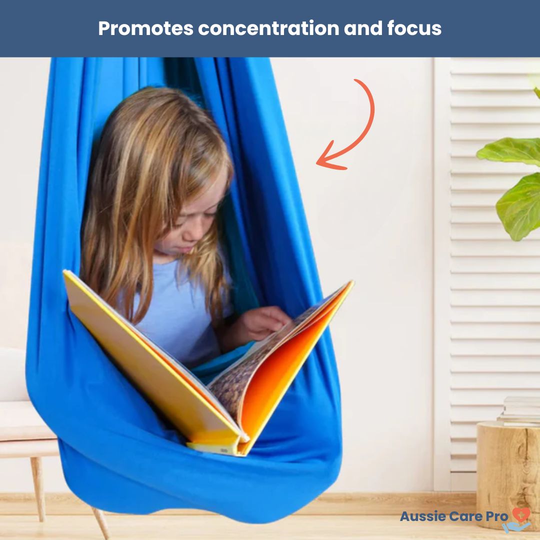 "Calming therapeutic swing for kids with ADHD or autism, shown in soft, stretchy fabric with calming colors."