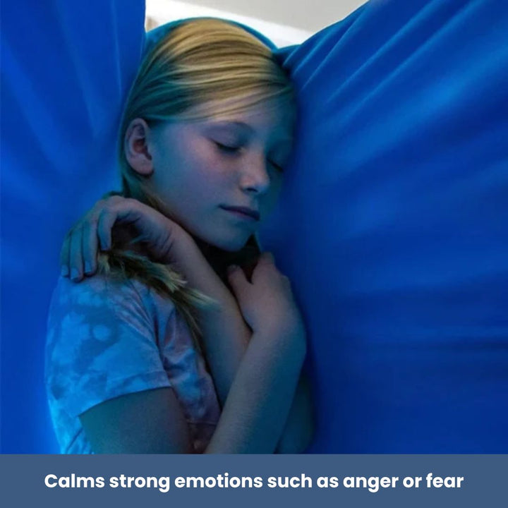 "Calming therapeutic swing for kids with ADHD or autism, shown in soft, stretchy fabric with calming colors."