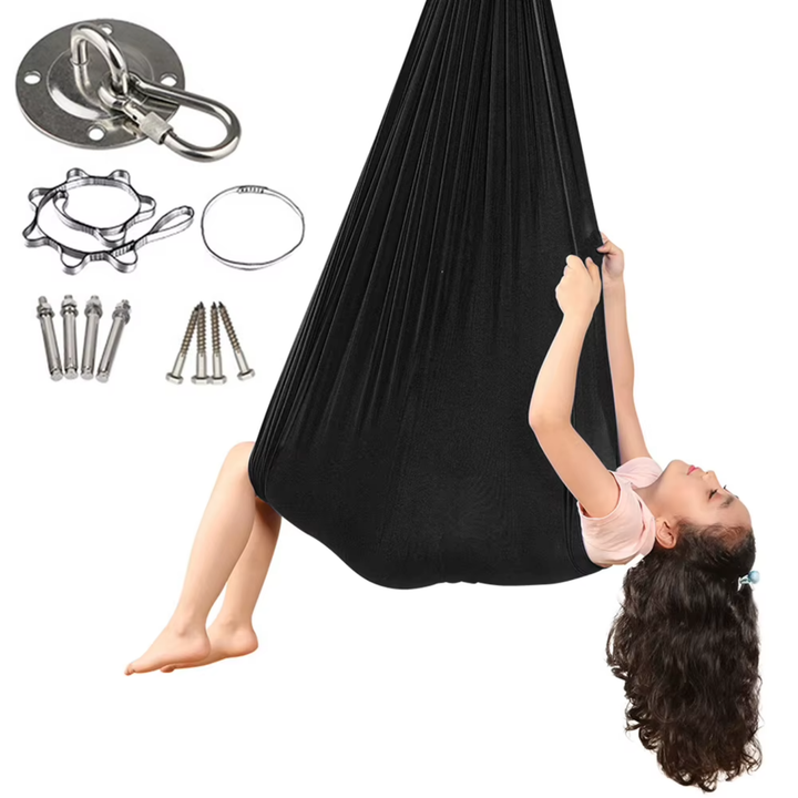 "Calming therapeutic swing for kids with ADHD or autism, shown in soft, stretchy fabric with calming colors."