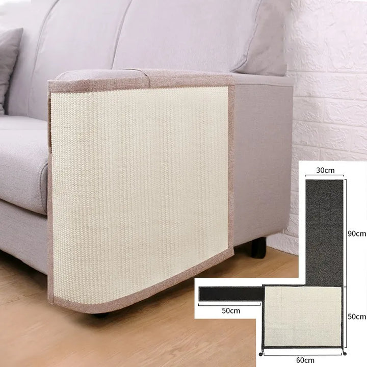 "Cat scratch protector mat for sofa armrest with sisal, discreet design, prevents furniture damage, enhances home decor."