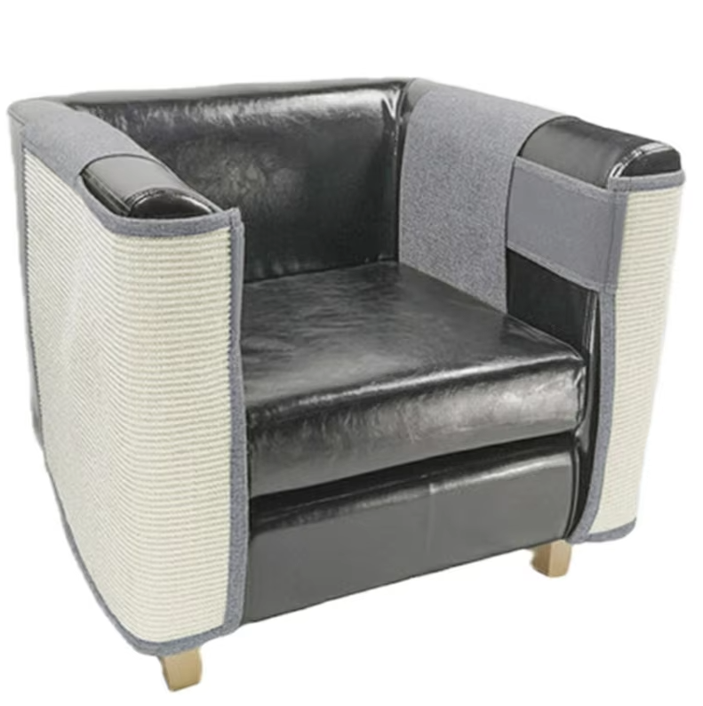 "Cat scratch protector mat for sofa armrest with sisal, discreet design, prevents furniture damage, enhances home decor."