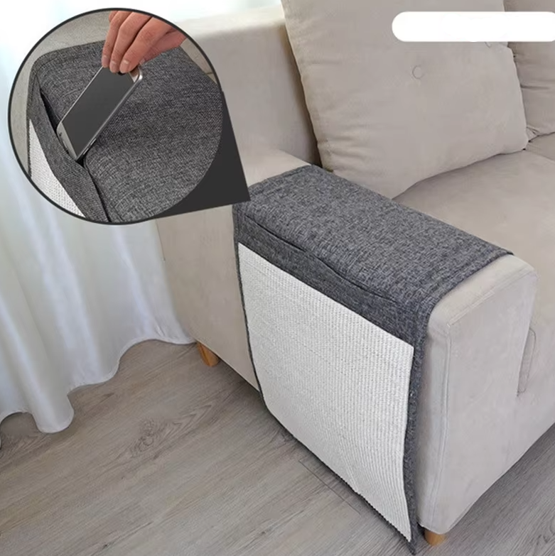 "Cat scratch protector mat for sofa armrest with sisal, discreet design, prevents furniture damage, enhances home decor."