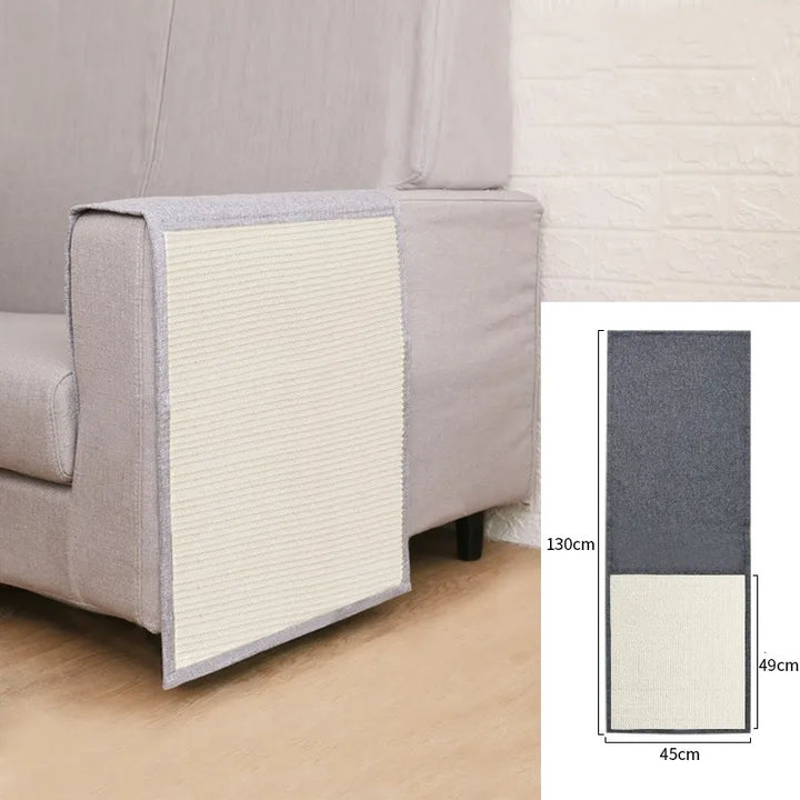 "Cat scratch protector mat for sofa armrest with sisal, discreet design, prevents furniture damage, enhances home decor."