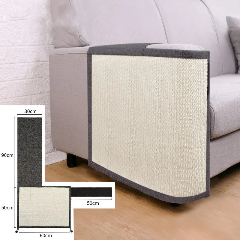 "Cat scratch protector mat for sofa armrest with sisal, discreet design, prevents furniture damage, enhances home decor."