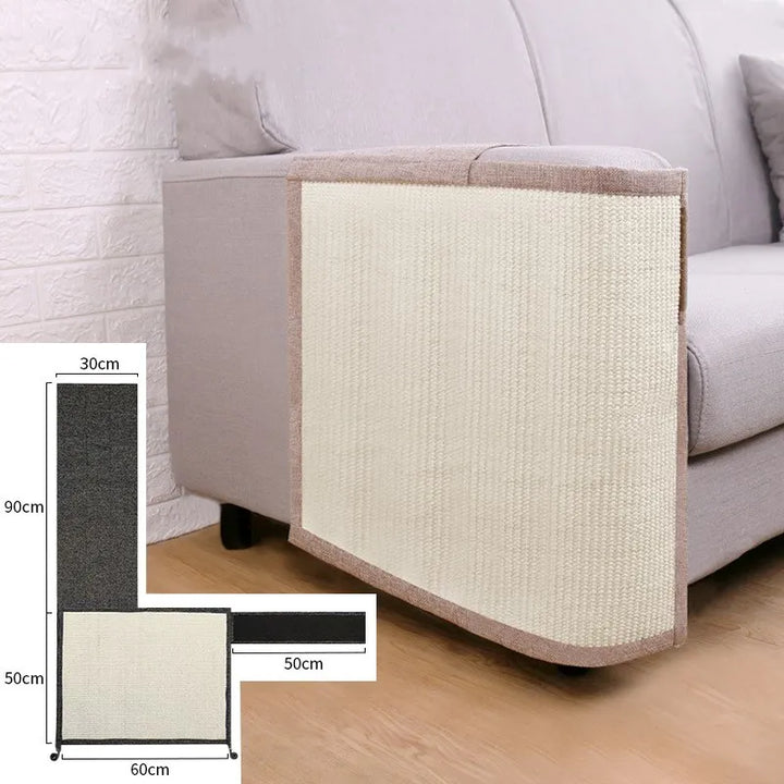 "Cat scratch protector mat for sofa armrest with sisal, discreet design, prevents furniture damage, enhances home decor."