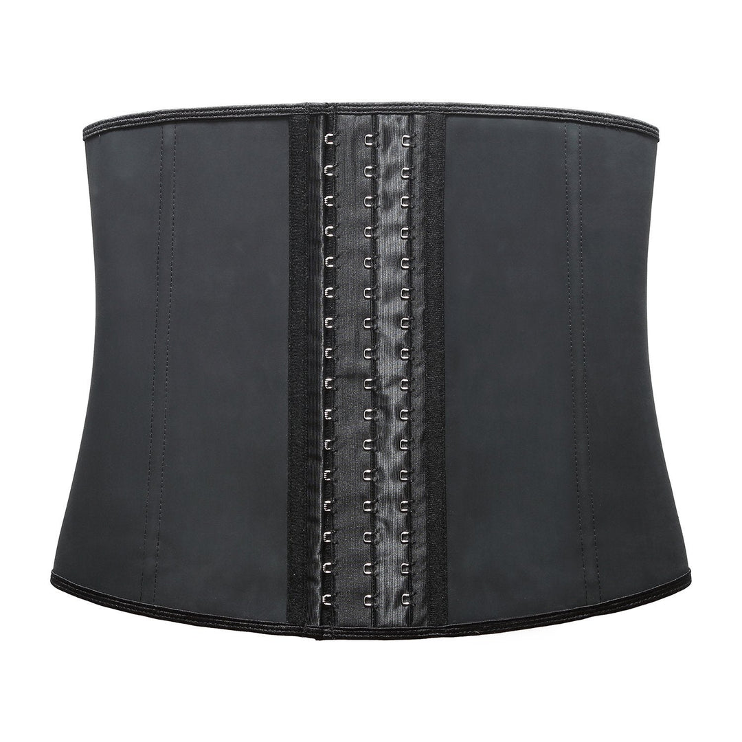 "Classic black women's latex waist trainer, firm control, front view, trims waistline for a flattering silhouette."